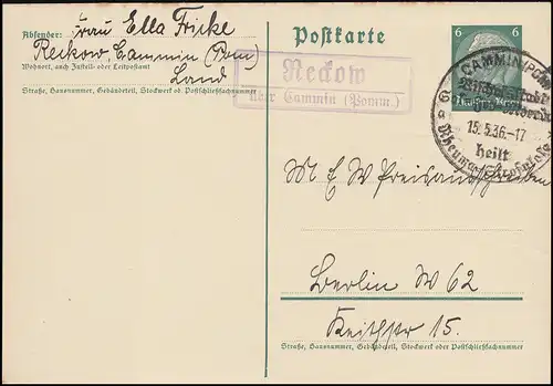 Landpost Reckow über Cammin (Pommern) 15.5.36 auf Postkarte SSt Bischofsstadt