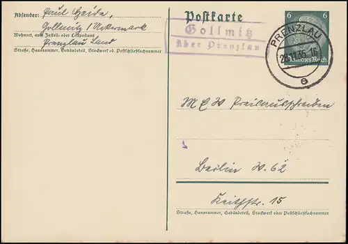 Landpost Gollmitz über Prenzlau 28.11.35  auf Postkarte