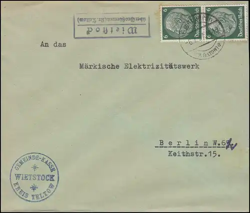 Landpost Wietstock über Großbeeren (Kr. Teltow) 6.7.37 auf Brief