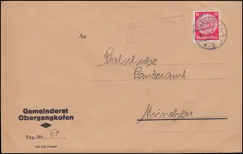 Landpost Obergangkofen über Landshut 6.7.1934 auf Brief