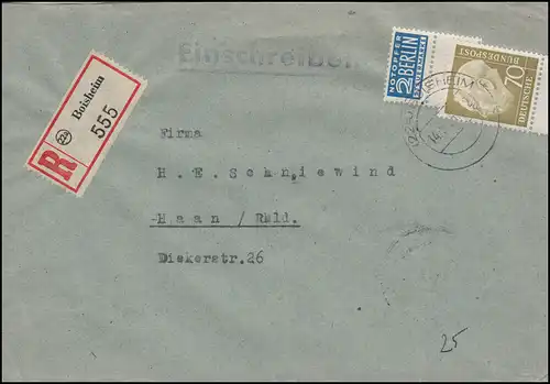 9191 Heuss 70 Unterrand mit Notopfer + Leerfeld, R-Brief Boisheim 14.9.55, Ak-O