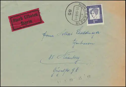 361 Bedeutende Deutsche 1 DM Orts-Eilbrief NÜRNBERG 11.5.63, Durchgangs-Stempel