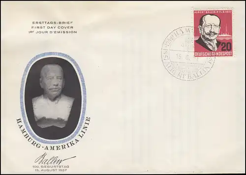 266 Reeder Albert Ballin auf HAPAG-Schmuck-FDC ESSt HAMBURG 15.8.1957