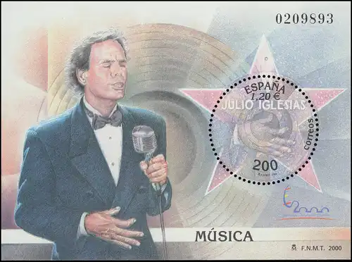 Spanien Block 86 Musik: Sänger Julio Iglesias, **/MNH