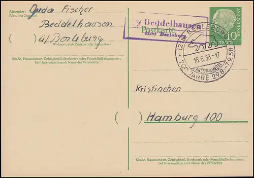 Landpost Beddelhausen über Berleburg - SSt 18.6.58 auf Heuss-Ganzsache