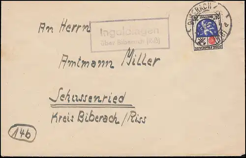 Landpost Ingoldingen über Biberach (Riß) 17.12.45 Brief EF Franz. Zone