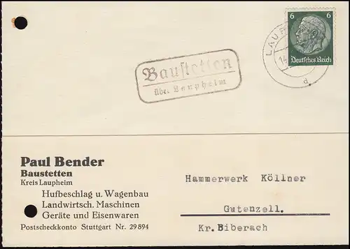 Landpost Baustetten über Laupheim 14.9.38 auf Postkarte nach Gutenzell