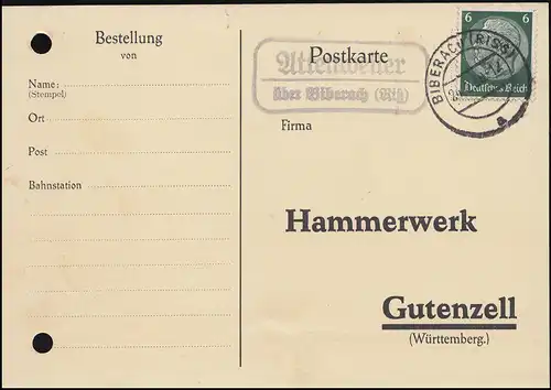 Landpost Altenweiler über Biberach Riss 24.2.39 Antwort-Postkarte nach Gutenzell