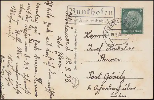 Landpost Bunkhofen über Friedrichshafen 19.9.38 auf passender AK Hafenpartie