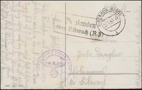 Landpost Bonlanden über Biberach (Riss) 1943 auf Feldpost-AK Enzian passender BS