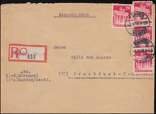 85wg Bautenserie Brandenburger Tor 20 Pf MeF R-Brief Not-R-Zettel Rahden 9.9.48