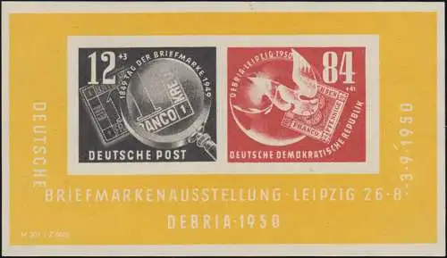 Block 7III DEBRIA 1950 mit PLF schräger weißer Strich über der 1 des Datums **