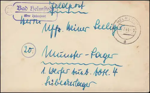 Landpost-Stempel Bad Helmstedt über Helmstedt, Feldpost 20.7.44 Helmstedt