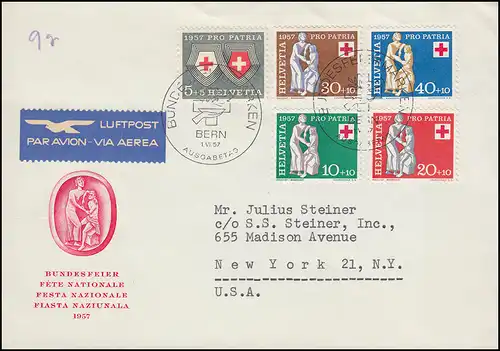 641-645 Pro Patria Rotes Kreuz 1957 auf Schmuck-FDC ESSt BERN 1.6.57 in die USA