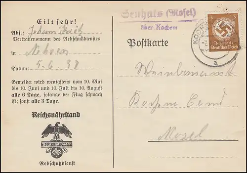 Landpost Genhals Mosel über Kochem auf Dienst Mottenflugmeldekarte, 3.6.38