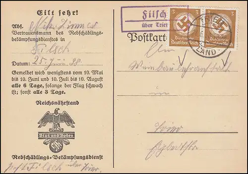 Landpost Filsch über Trier auf Dienst Mottenflugmeldekarte, 28.6.38