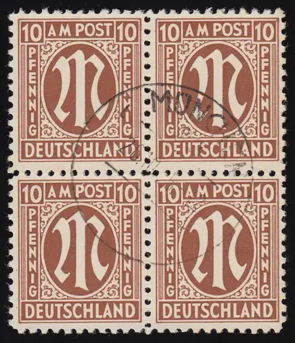 6x AM-Post 10 Pf. Papier x, Viererblock O München 26.10.45, Befund Wehner BPP