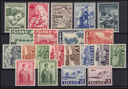 Island 254-274 Jahrgänge 1949-1951 komplett, 21 Marken, postfrisch ** / MNH