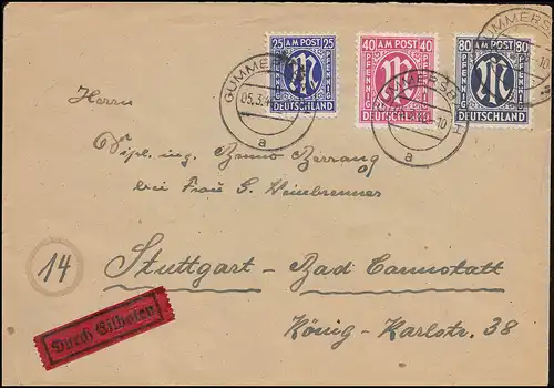 34aA AM-Post 80 Pf + ZF 30bB auf Brief, Gummersbach 5.3.46, Befund Hettler