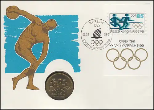 DDR-Numisbrief Olympiade 1988, Block und 10-Mark-Gedenkmünze ESSt 9.8.1988