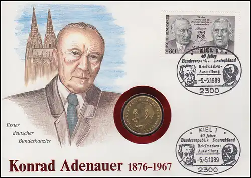 Numisbrief Konrad Adenauer, 2 DM / 80 Pf., SST Kiel 5.5.1989