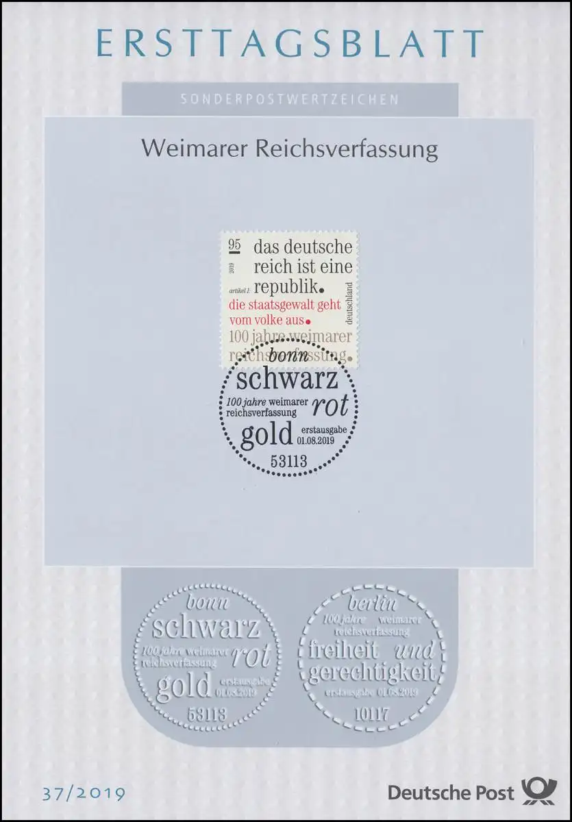 ETB 37/2019 Jahrestag 100 Jahre Weimarer Reichsverfassung