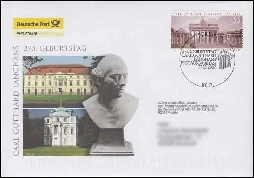 2634 Carl Gottgard Langhans Brandenburger Tor, Schmuck-FDC Deutschland exklusiv