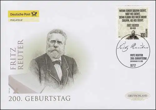 2832 Schriftsteller Fritz Reuter, Schmuck-FDC Deutschland exklusiv