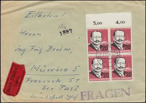 266 Albert Ballin im OR-Viererblock portog. auf Exp.-Brief PILSTING 9.9.57