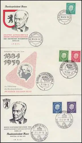 182-186 Heuss Medaillon kpl. Satz auf drei Schmuck-FDCs BERLIN 1959