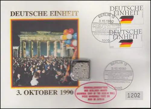 1477-1478 Deutsche Einheit auf Schmuck-FDC mit Orginalbruchstück Berliner Mauer