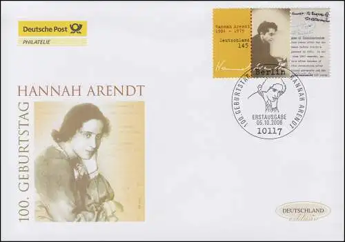 2566 Philosophin Hannah Arendt, Schmuck-FDC Deutschland exklusiv