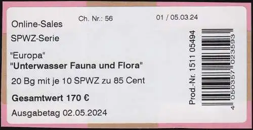 3828 Unterwasser Fauna und Flora, Banderole / Aufkleber für 10er-Bogen