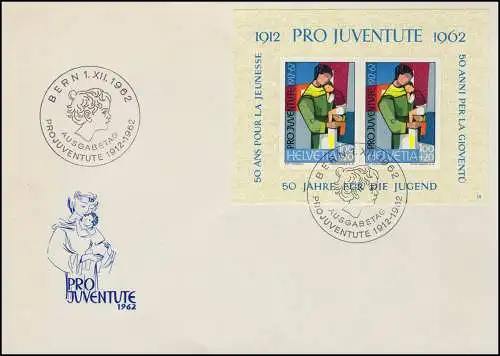 Schweiz Block 18 Pro Juventute 1962, Block mit Nr. 19 auf Schmuck-FDC ESSt Bern