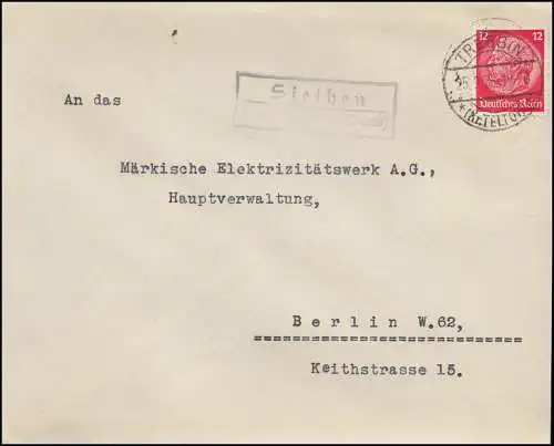Landpost Siethen über Trebbin Kreis Teltow, Brief TREBBIN 1936