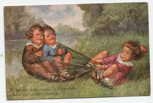 Kinder spielen am Teich // Ansichtskarte