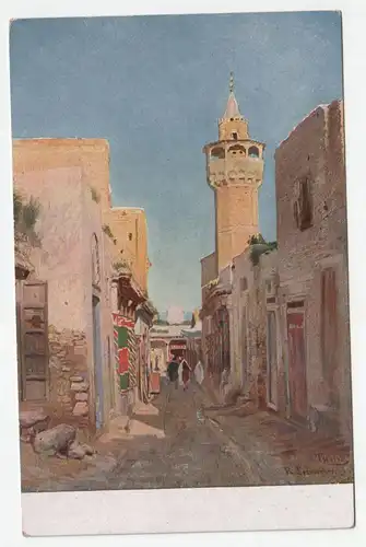 Straße und Minarett. Street and Minaret. Rue et Minaret.