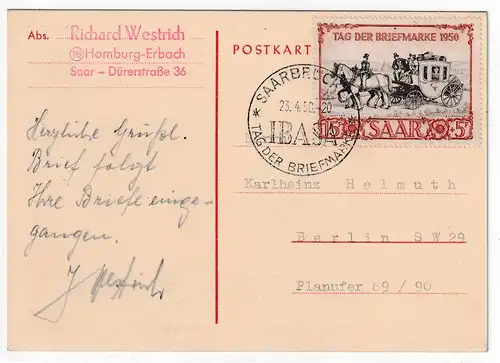 Saarland Tag der Brfm. 1950 (IBASA) auf FDC, Befund Geigle