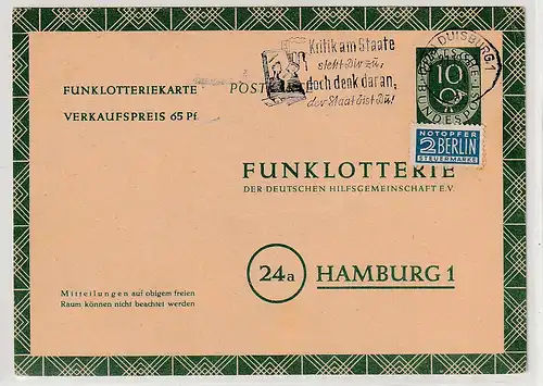 Bund: Funklotteriekarte FP4 mit agitatorischem Stempel