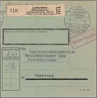 Paketekarte 1941 Lehesten/Thüringen an RPD, Bezirksführer Postschutz Würzburg