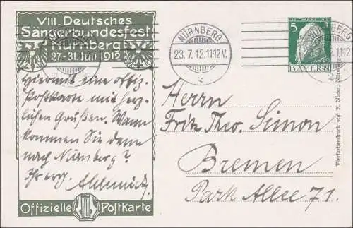 Bayern:  Ganzsache  1912 VIII. Deutsches Sängerbundfest in Nürnberg