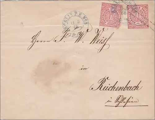 NDP: Ganzsachenumschlag von Berlin PE08 nach Reichenbach 1868