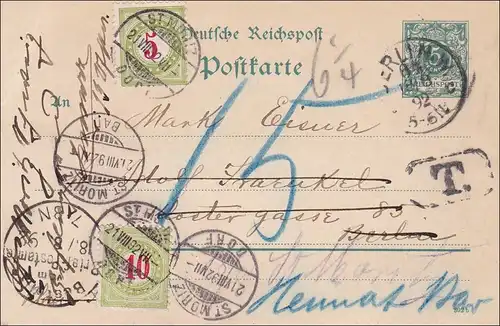 Ganzsache von Berlin in die Schweiz - Nachtaxierung 1892