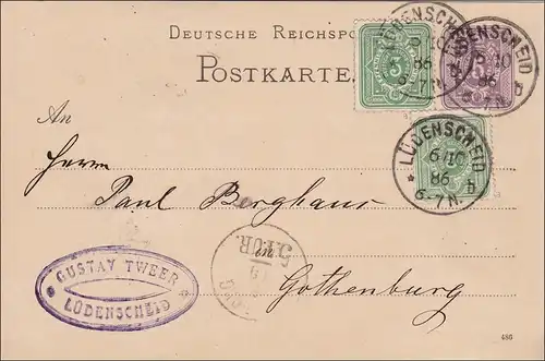 Ganzsache von Lüdenscheid nach Göteburg 1886