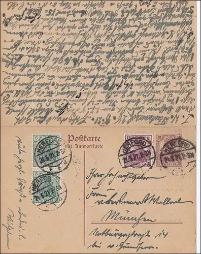 Germania: Carte postale Réponse P117 de Herford à Munich et retour 1921