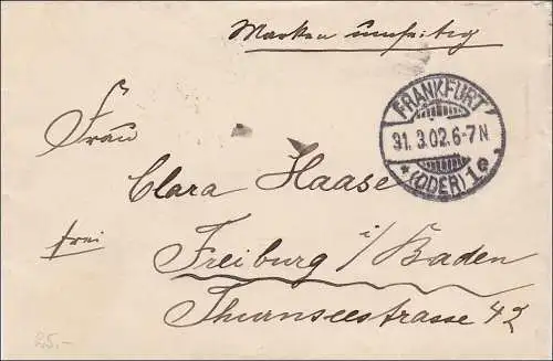 Germania: Lettre de Francfort/Oder vers Fribourg 1902