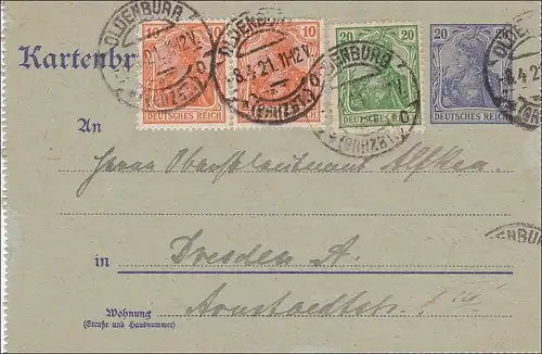 Germania: Lettre de carte d'Oldenburg à Dresde - entier 1921