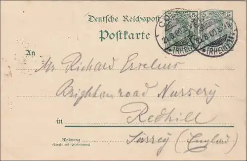 Germania: Carte postale complète de Cologne à Angleterre 1900