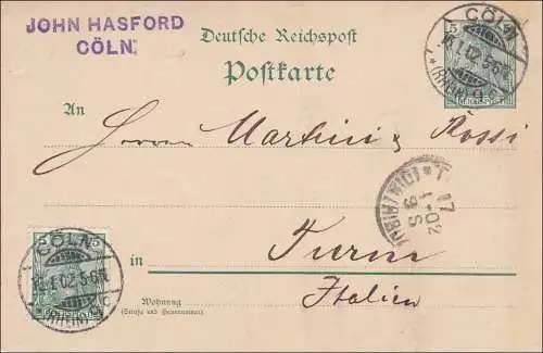 Germania: Carte postale complète de Cologne à Italie en 1902