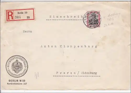 Germania: R-Bf Reichsgramstelle Berlin vers Freren/Oldenburg 1916, Perfin